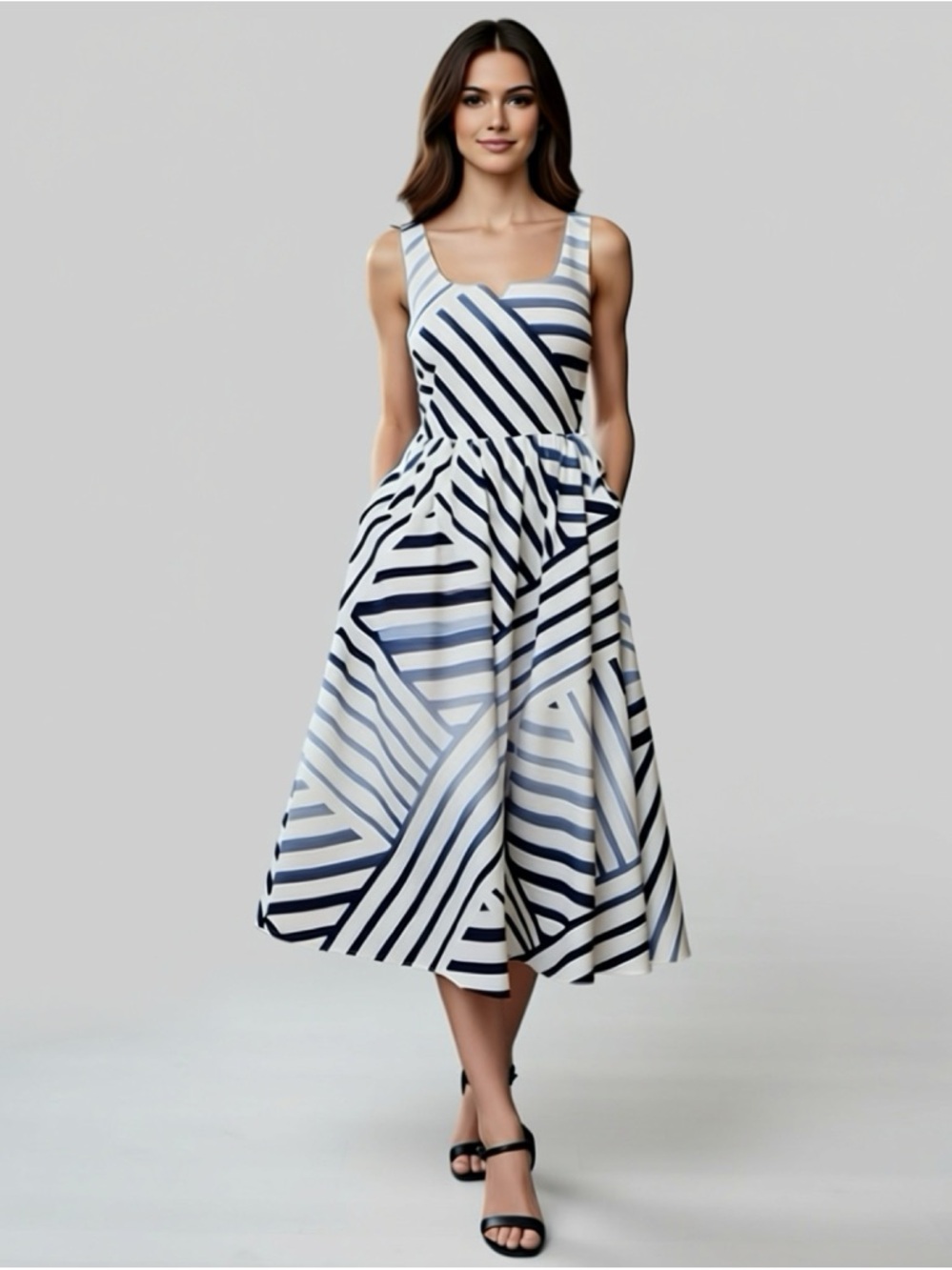 Karl Lagerfeld White/Blue Stripes Printed Side Lace Up Midi Dress Sz 6 NEW $168